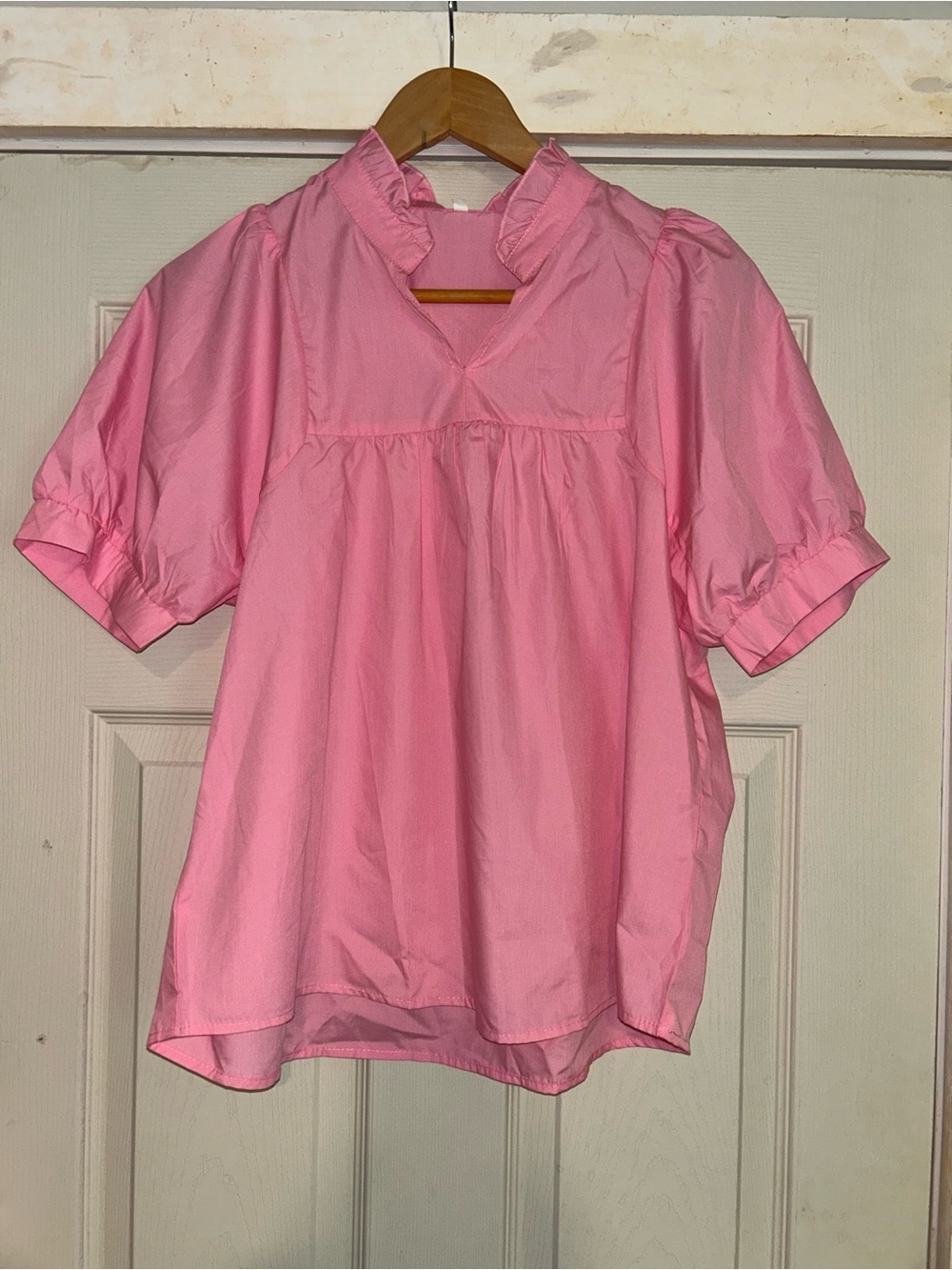 Pink Ruffle V-Neck Puff Sleeve Women's Top